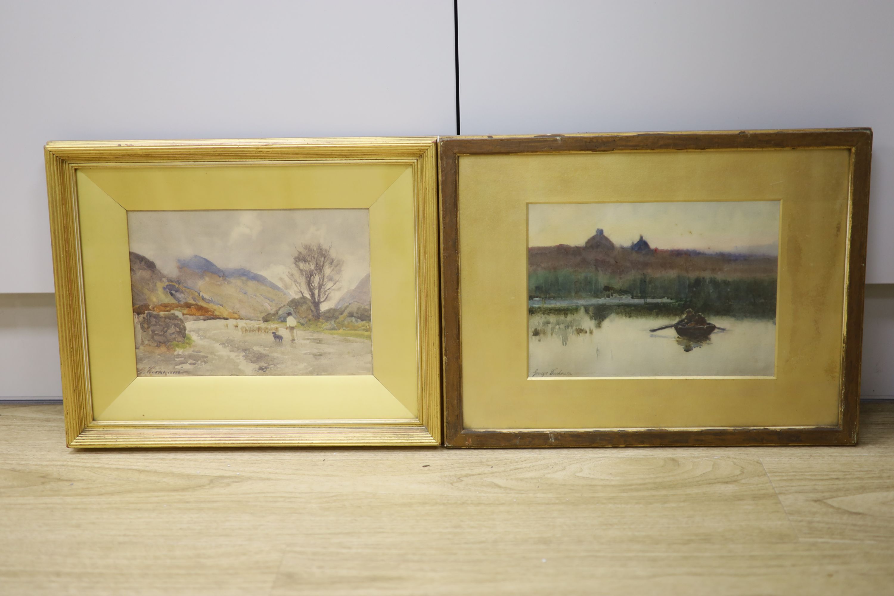 George Cockram (1861-1950), two watercolours, The Pass of Ffrancou and Rowing Boat on the marshes, both signed, 17 x 24cm and 18 x 25cm